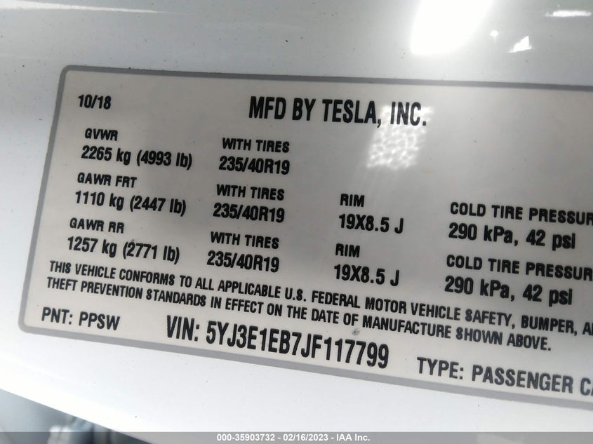 VIN 5YJ3E1EB7JF117799 2018 TESLA MODEL 3 LONG RANGE