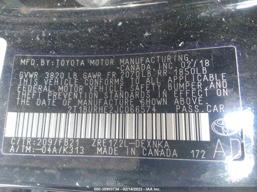 VIN 2T1BURHE2JC066574 2018 TOYOTA COROLLA L/LE/XLE/SE/XSE