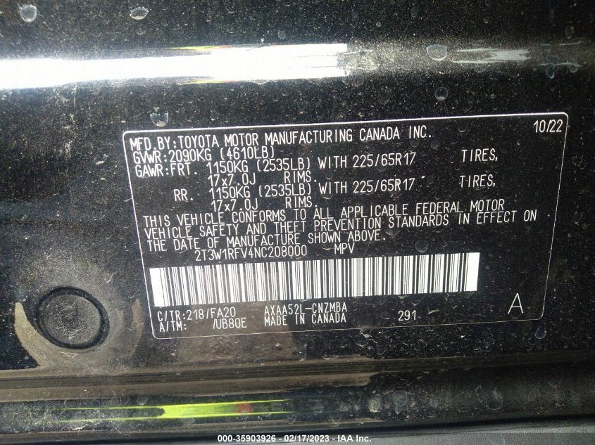 2022 TOYOTA RAV4 XLE - 2T3W1RFV4NC208000