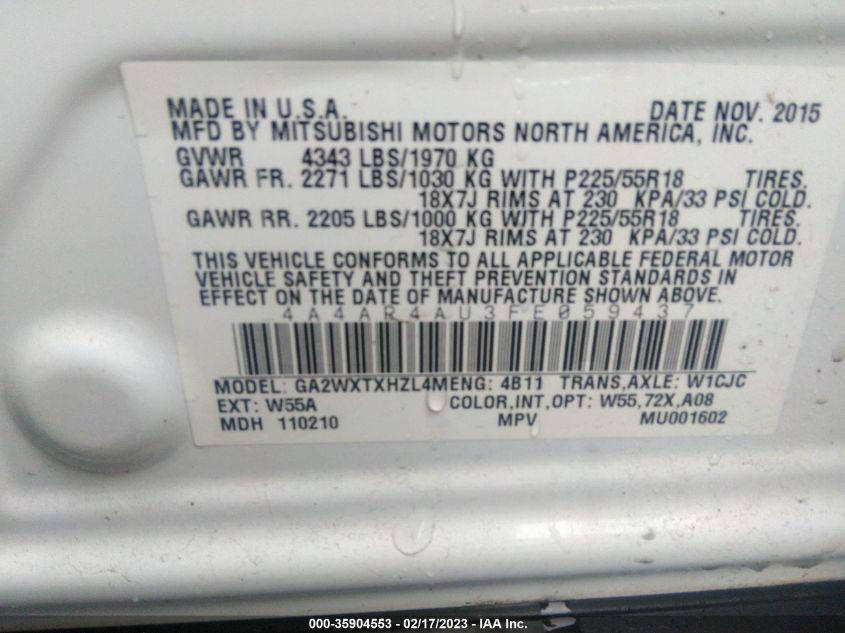 2015 MITSUBISHI OUTLANDER SPORT SE - 4A4AR4AU3FE059437