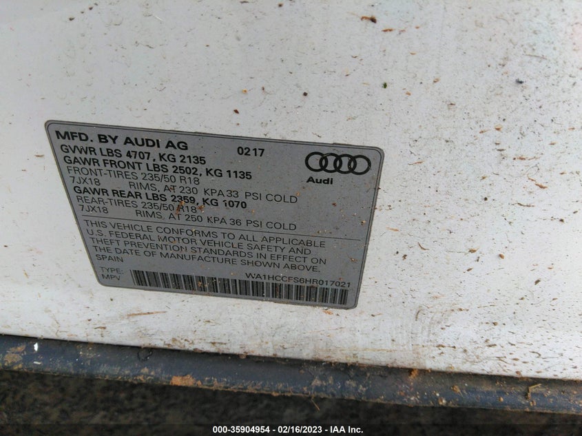 VIN WA1HCCFS6HR017021 2017 AUDI Q3 PREMIUM PLUS