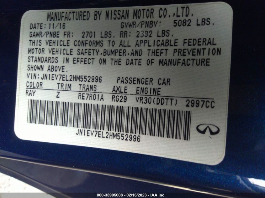 2017 INFINITI Q60 3.0T SPORT JN1EV7EL2HM552996