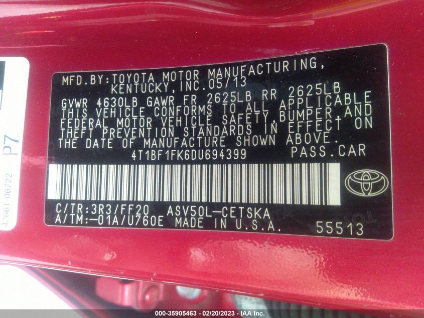 2013 TOYOTA CAMRY L/LE/SE/XLE - 4T1BF1FK6DU694399