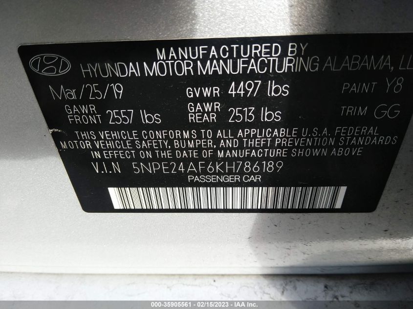 5NPE24AF6KH786189 Hyundai Sonata SE 9