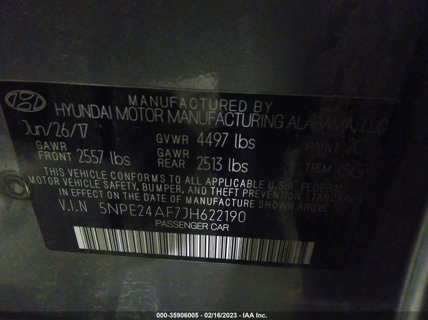 VIN 5NPE24AF7JH622190 2018 HYUNDAI SONATA SE
