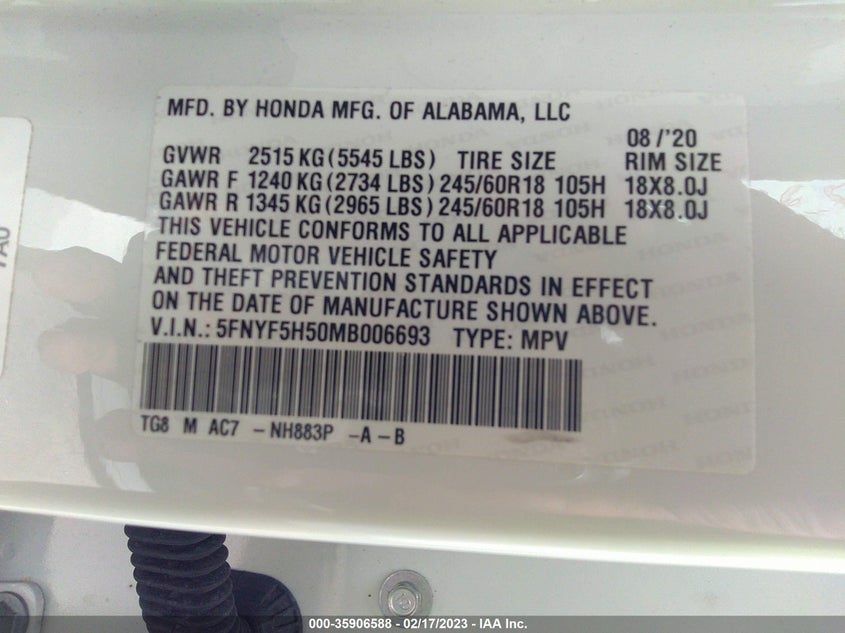 VIN 5FNYF5H50MB006693 2021 HONDA PILOT EX-L