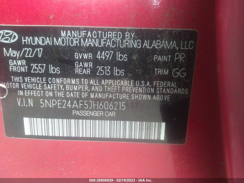 VIN 5NPE24AF5JH606215 2018 HYUNDAI SONATA SE