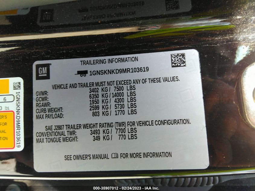 2021 CHEVROLET TAHOE LT - 1GNSKNKD9MR103619