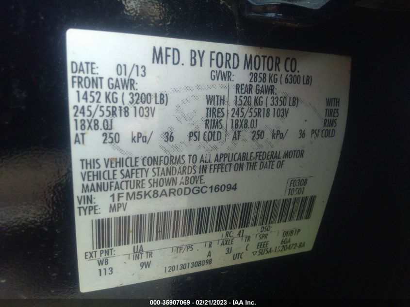 2013 FORD UTILITY POLICE 1FM5K8AR0DGC16094
