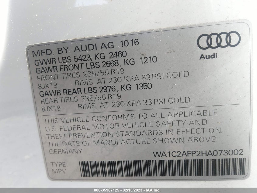 VIN WA1C2AFP2HA073002 2017 AUDI Q5 PREMIUM
