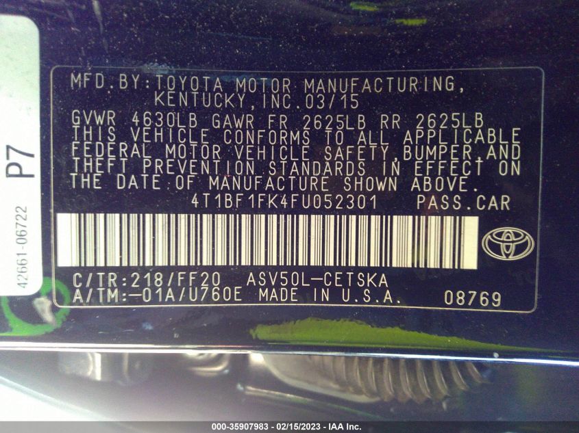 2015 TOYOTA CAMRY XLE/SE/LE/XSE - 4T1BF1FK4FU052301