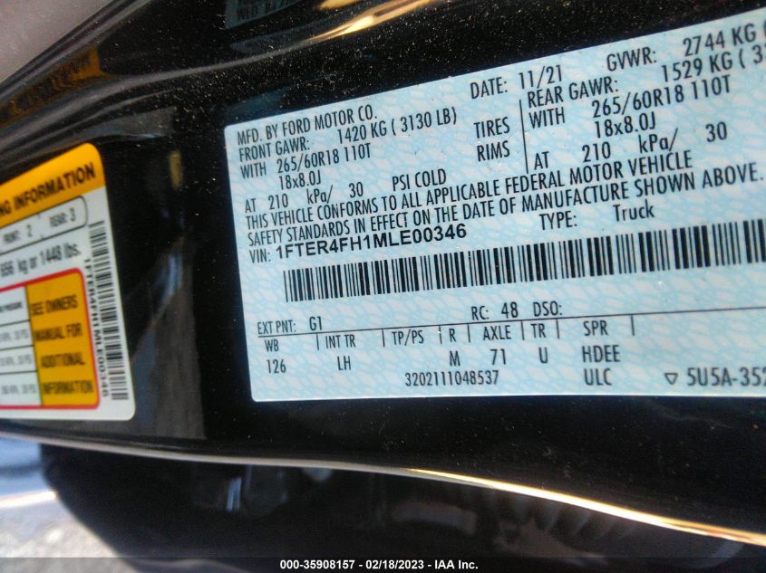 2021 FORD RANGER XL/XLT/LARIAT - 1FTER4FH1MLE00346