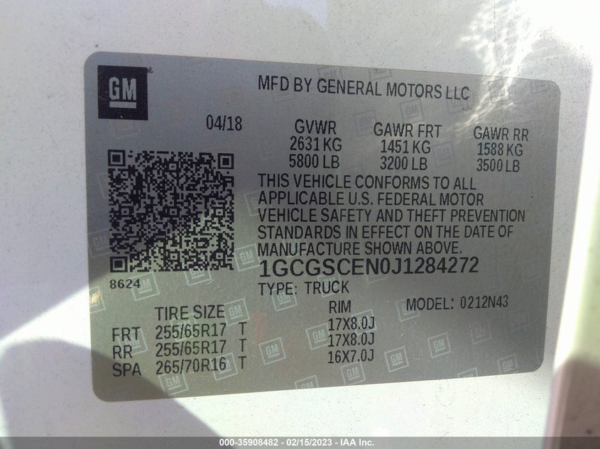 VIN 1GCGSCEN0J1284272 2018 CHEVROLET COLORADO 2WD LT