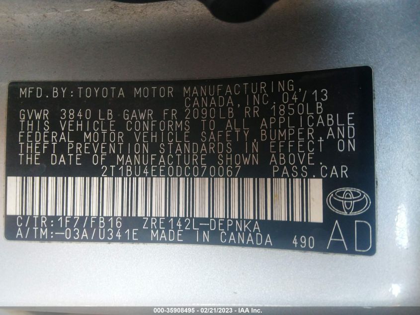 2013 TOYOTA COROLLA L/LE/S - 2T1BU4EE0DC070067