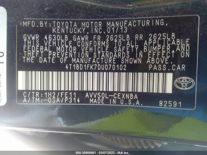 2013 TOYOTA CAMRY HYBRID LE/XLE - 4T1BD1FK7DU070102