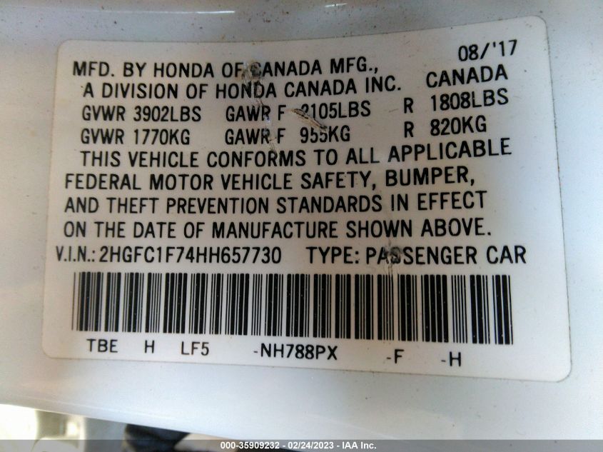 2017 HONDA CIVIC SEDAN EX-L - 2HGFC1F74HH657730