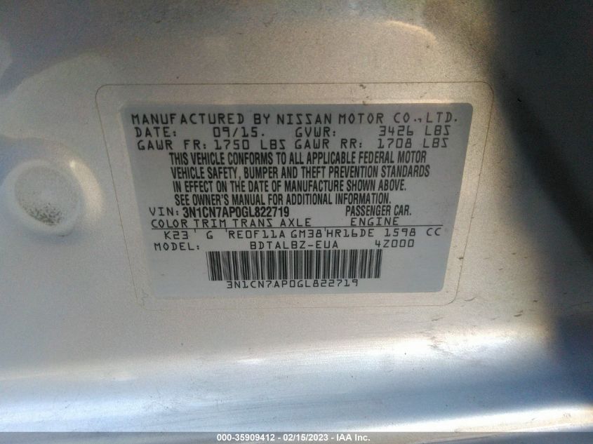 2016 NISSAN VERSA S/S PLUS/SL/SV - 3N1CN7AP0GL822719