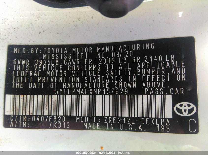 VIN 5YFEPMAEXMP157629 2021 TOYOTA COROLLA LE