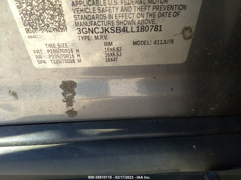 VIN 3GNCJKSB4LL180781 2020 CHEVROLET TRAX LS