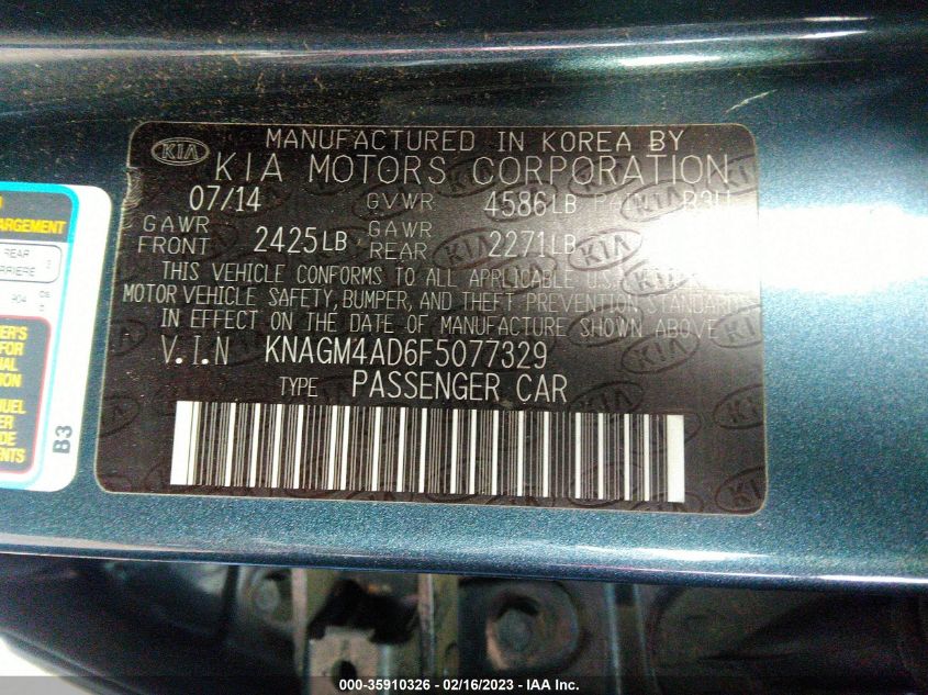 2015 KIA OPTIMA HYBRID KNAGM4AD6F5077329