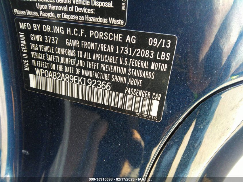 2014 PORSCHE CAYMAN S WP0AB2A89EK192366
