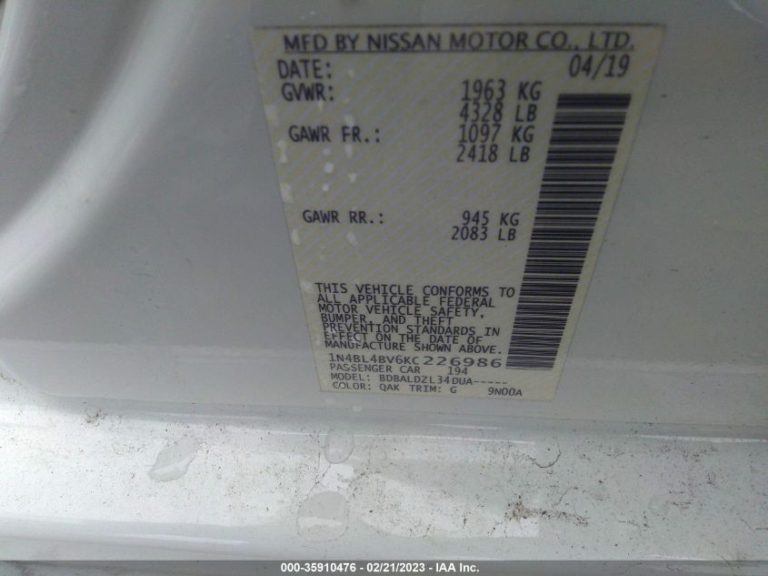 2019 NISSAN ALTIMA 2.5 S - 1N4BL4BV6KC226986