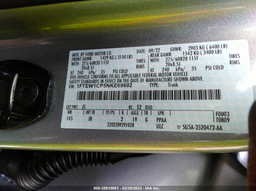 VIN 1FTEW1CP5NKE69602 2022 FORD F-150 XL/XLT/LARIAT
