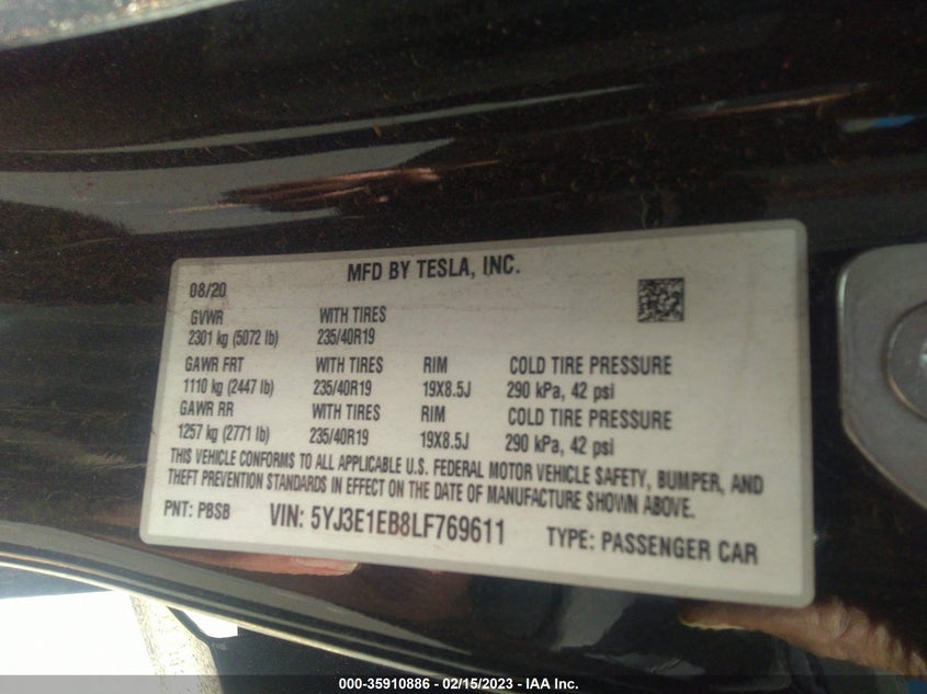 VIN 5YJ3E1EB8LF769611 2020 TESLA MODEL 3 LONG RANGE