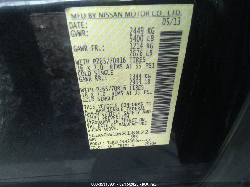 2013 NISSAN XTERRA S - 5N1AN0NW1DN816822