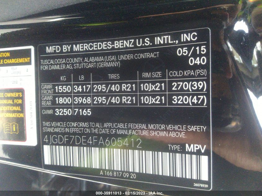 2015 MERCEDES-BENZ GL-CLASS GL 550 4JGDF7DE4FA605412