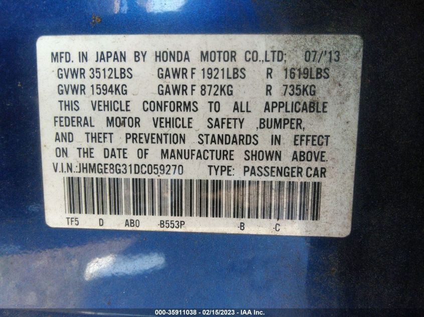 2013 HONDA FIT - JHMGE8G31DC059270