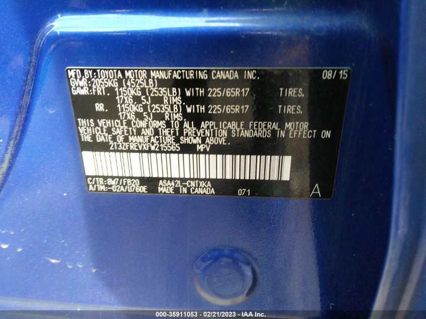 2015 TOYOTA RAV4 LE - 2T3ZFREVXFW215565