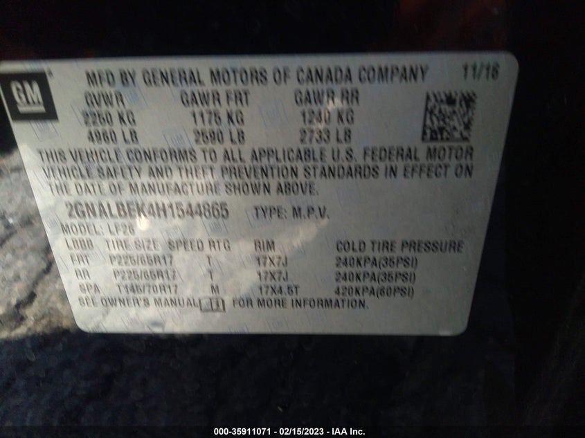VIN 2GNALBEK4H1544865 2017 CHEVROLET EQUINOX LS