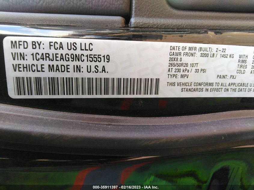 2022 JEEP GRAND CHEROKEE WK LAREDO X 1C4RJEAG9NC155519