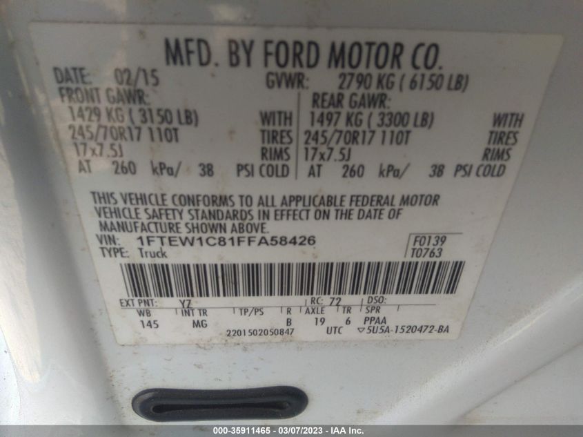 2015 FORD F-150 XLT/XL - 1FTEW1C81FFA58426