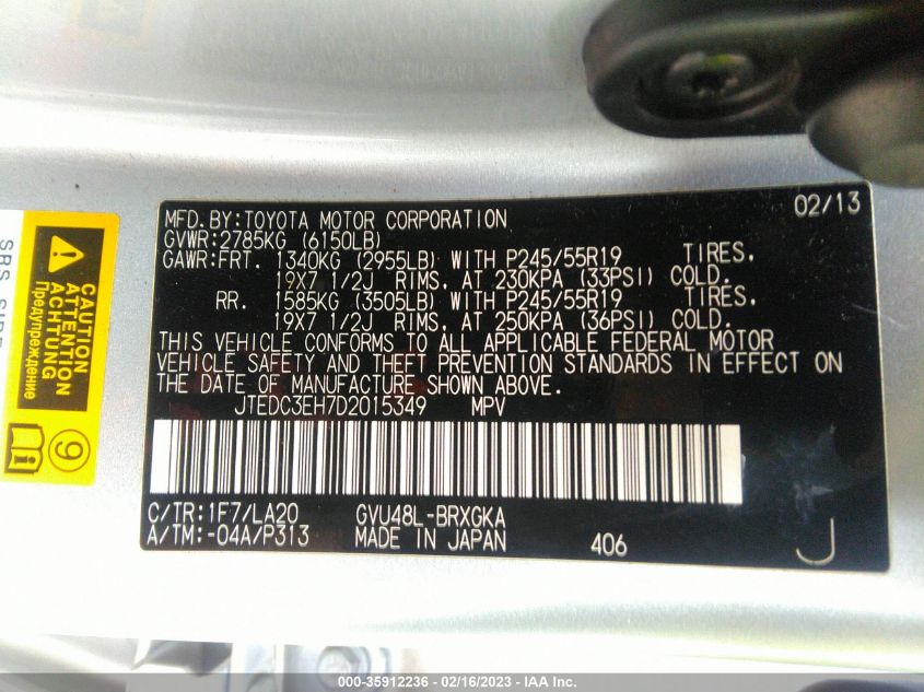 2013 TOYOTA HIGHLANDER HYBRID LIMITED - JTEDC3EH7D2015349