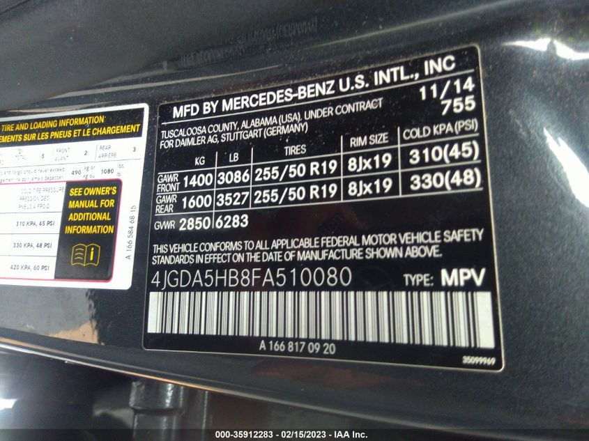 2015 MERCEDES-BENZ M-CLASS ML 350 - 4JGDA5HB8FA510080