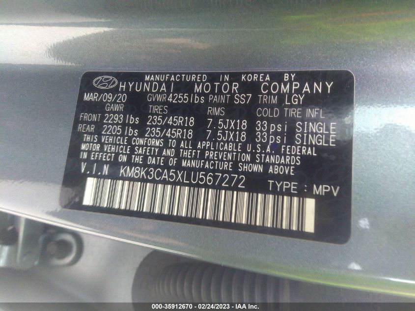 2020 HYUNDAI KONA LIMITED - KM8K3CA5XLU567272