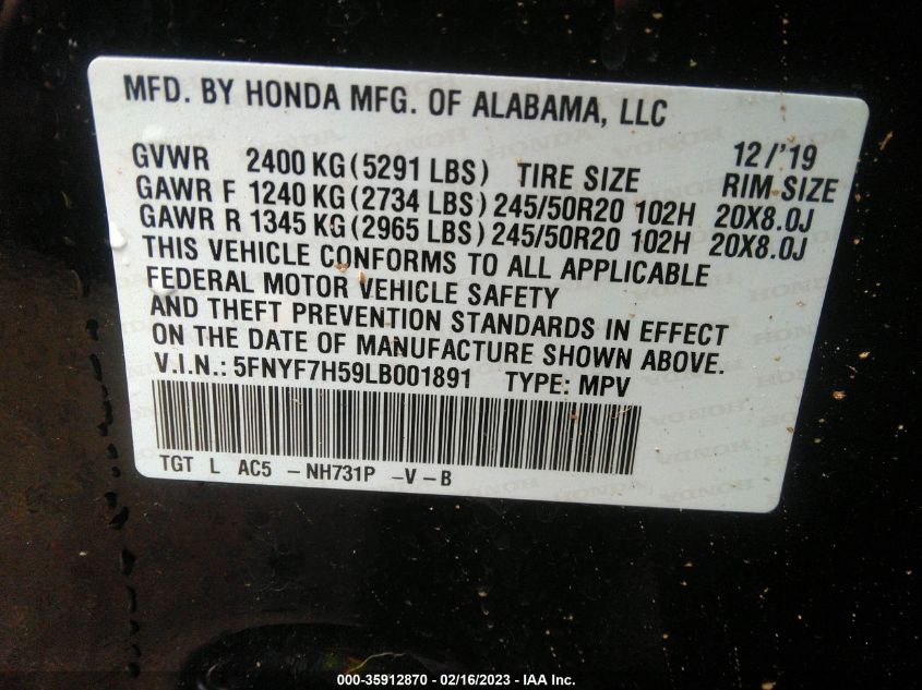 2020 HONDA PASSPORT EX-L - 5FNYF7H59LB001891