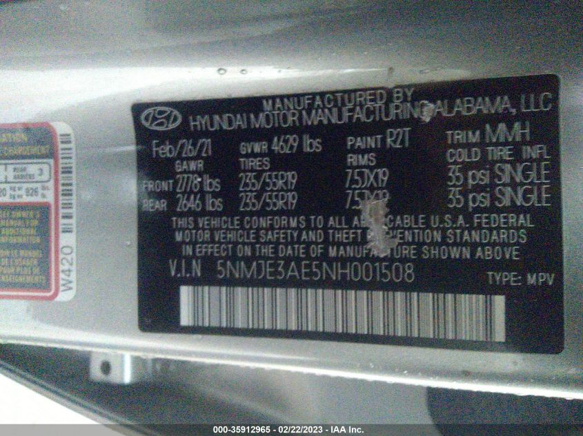 2022 HYUNDAI TUCSON LIMITED - 5NMJE3AE5NH001508