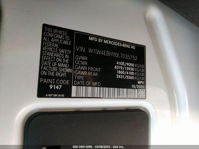 2020 MERCEDES-BENZ SPRINTER VAN W1W4EBHY0LT035752