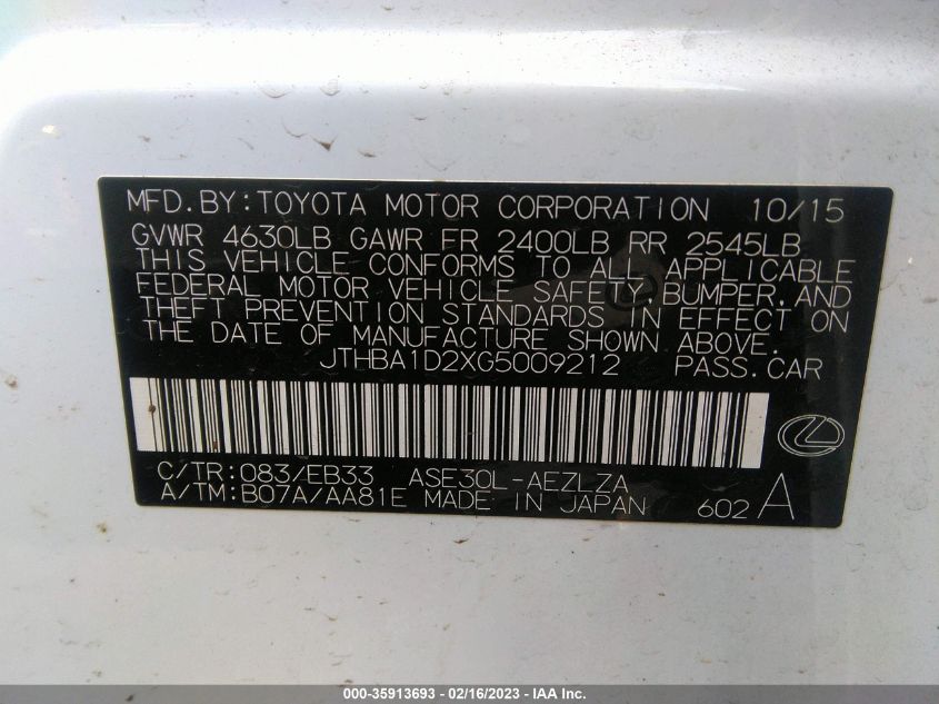 2016 LEXUS IS 200T - JTHBA1D2XG5009212