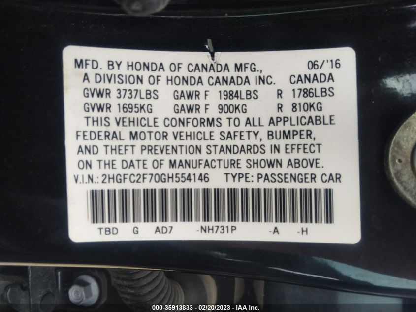 2016 HONDA CIVIC SEDAN EX - 2HGFC2F70GH554146