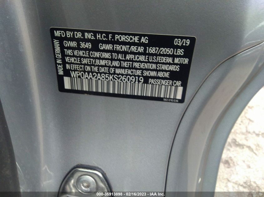 2019 PORSCHE 718 CAYMAN - WP0AA2A85KS260919
