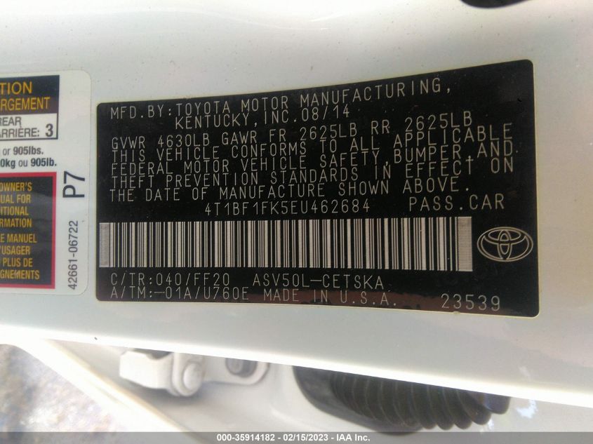 2014 TOYOTA CAMRY L/LE/XLE/SE/SE SPORT - 4T1BF1FK5EU462684