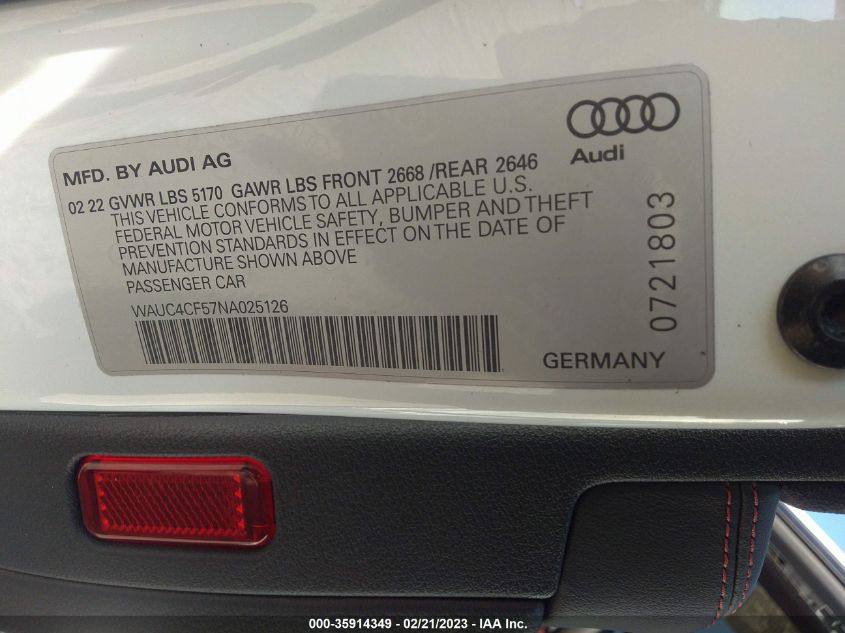2022 AUDI S5 SPORTBACK PREMIUM PLUS WAUC4CF57NA025126