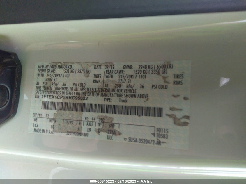 VIN 1FTEX1CP5KKC95622 2019 FORD F-150 XL/XLT/LARIAT