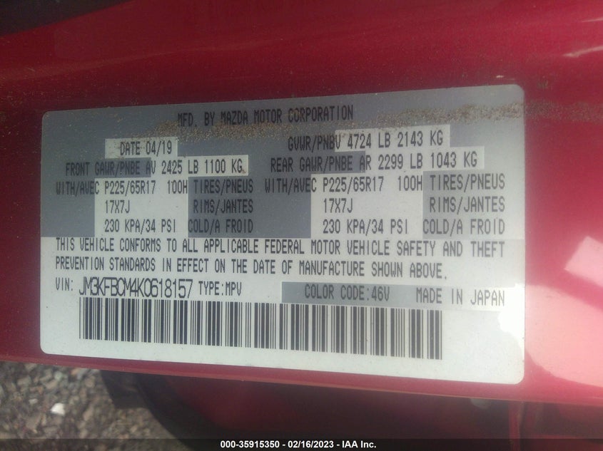 VIN JM3KFBCM4K0618157 2019 MAZDA CX-5 TOURING