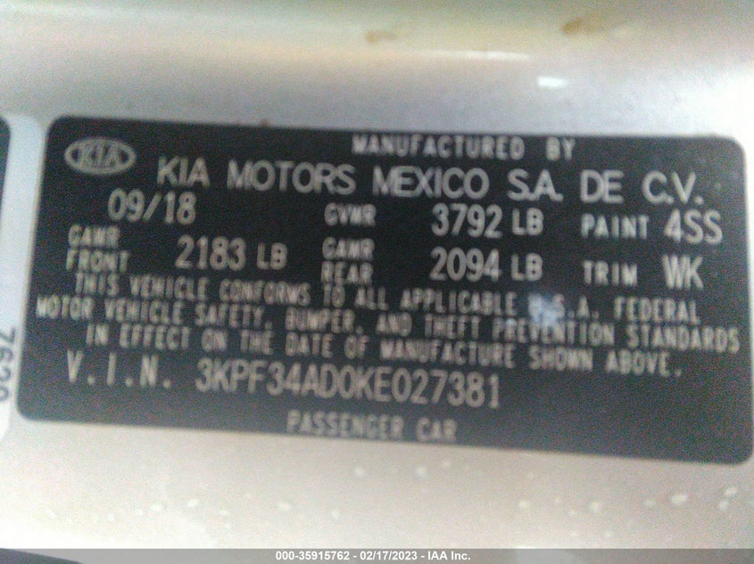 VIN 3KPF34AD0KE027381 2019 KIA FORTE S