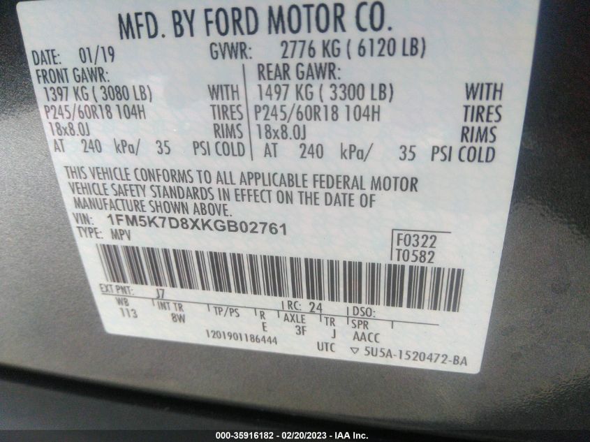 2019 FORD EXPLORER XLT - 1FM5K7D8XKGB02761